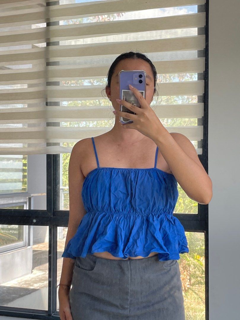 Royal Blue Linen Strapped Peplum Top Women s Fashion Tops Sleeveless on Carousell