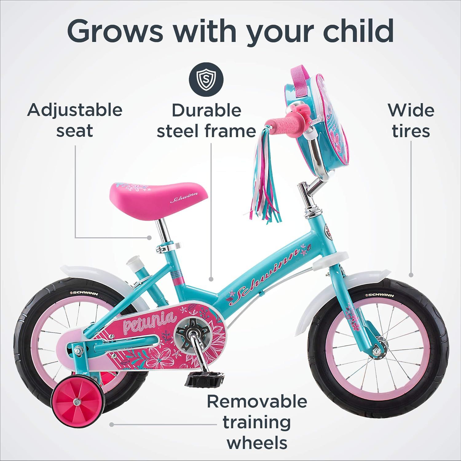 Schwinn Grit and Petunia Steerable Kids Bike Boys and Girls Beginner Bicycle 12 Inch Wheels Training Wheels Easily Removed Parent Push Handle with