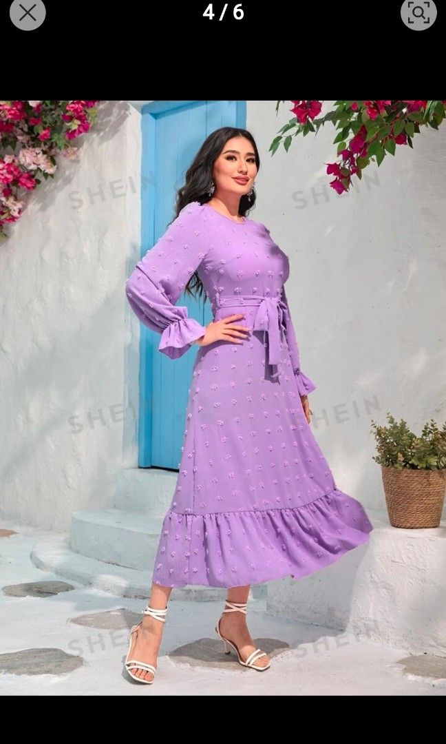 shein purple dress long sleeve SHEIN Clasi Plus Lantern Sleeve Wrap Hem Satin Dress