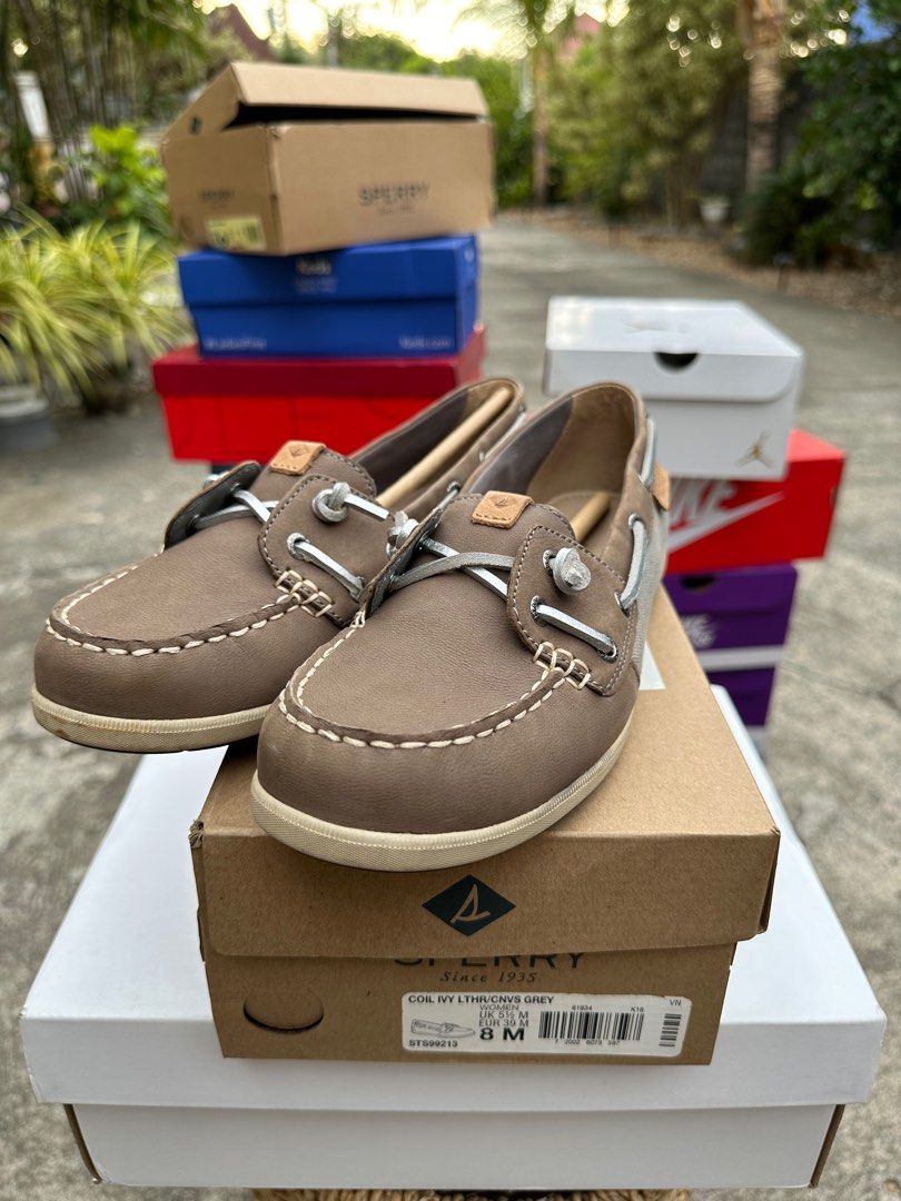 Sperry Coil Ivy Grey Canvas Leather Slip ons Women s Fashion Footwear Loafers on Carousell
