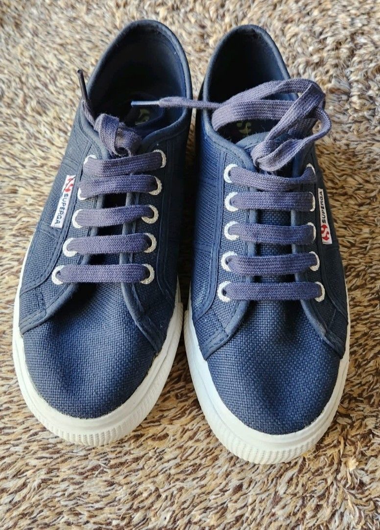 Superga S0001L0 Navy Canvas Platform Sneakers, Women's Fashion