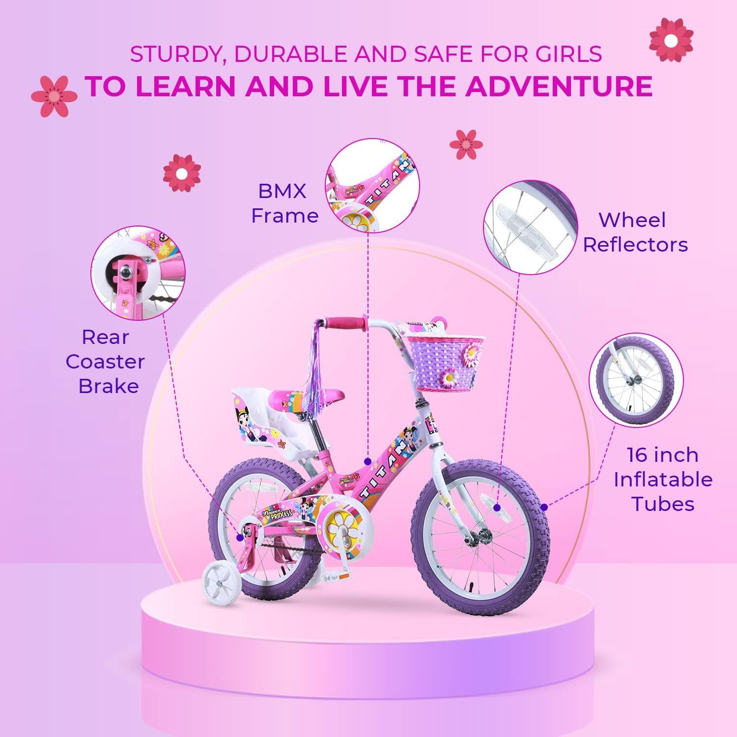 Titan Girl s Flower Princess BMX Bike for 4 9 Years Girls with Training Wheels 16 Inch Kids Toddler Bicycle with Utility Basket Streamers Pink Sports Equipment Bicycles Parts Bicycles on Carousell