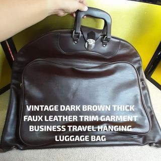 VINTAGE DARK BROWN THICK FAUX LEATHER TRIM GARMENT BUSINESS TRAVEL HANGING LUGGAGE BAG