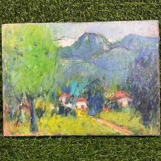 Abstract Art Painting Blue Mountains Landscape Village Modern Acrylic on Canvas with Front and Back Signed Artist 13” x 9.5” x 1” inches #B7 - P899.00
