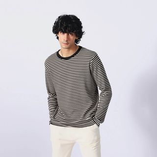 APC Rue Madame Paris Striped Pure Wool Knitted Knit Crew Neck Sweater Jumper Black White Size XS
