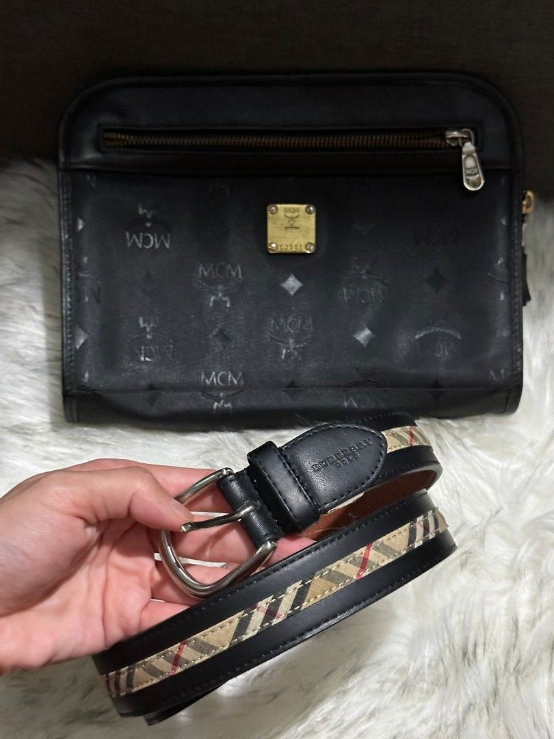 BUNDLE DEAL Authentic Vintage MCM Visetos Black Unisex Clutch Bag with Gold Hardware Customisable into Crossbody Bag Burberry Nova Check Monogram Leather Belt Unisex Luxury Bags Wallets on Carousell