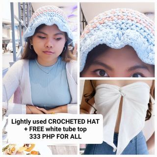 Lightly used CROCHETED HAT +FREE white top