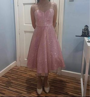 custom Debbie Co knee length pink sparkly sequin prom dress ball gown