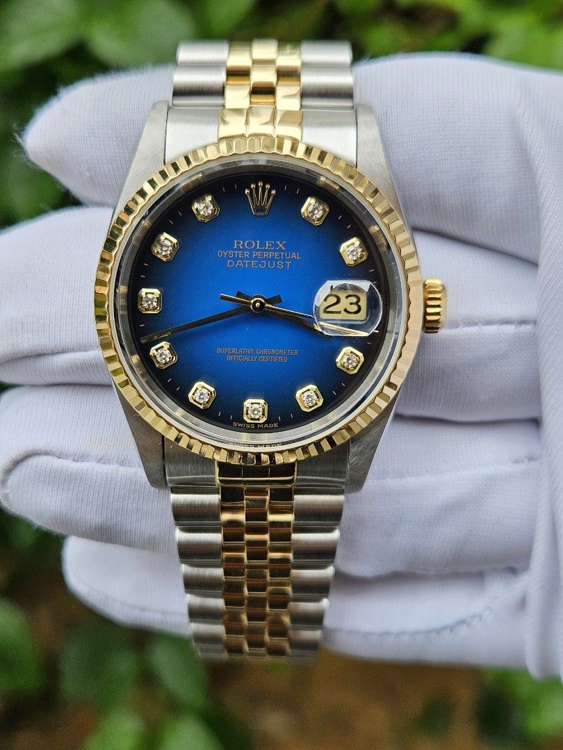 Full Complete Set Rolex Half Gold Blue Vignette Diamond Dial Datejust 36mm Ref. 16233