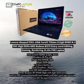 Lenovo Ideapad V301-15kb Corei5 7thGen 512gb NVME M.2 SSD 20gb DDR4 AMD Radeon M370 Entry Level Editing, Gaming, Rendering 15.6in FHD Laptop