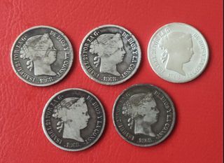 Philippines | 20 Centimos Isabel II 1868 Silver Coins (5 pcs)