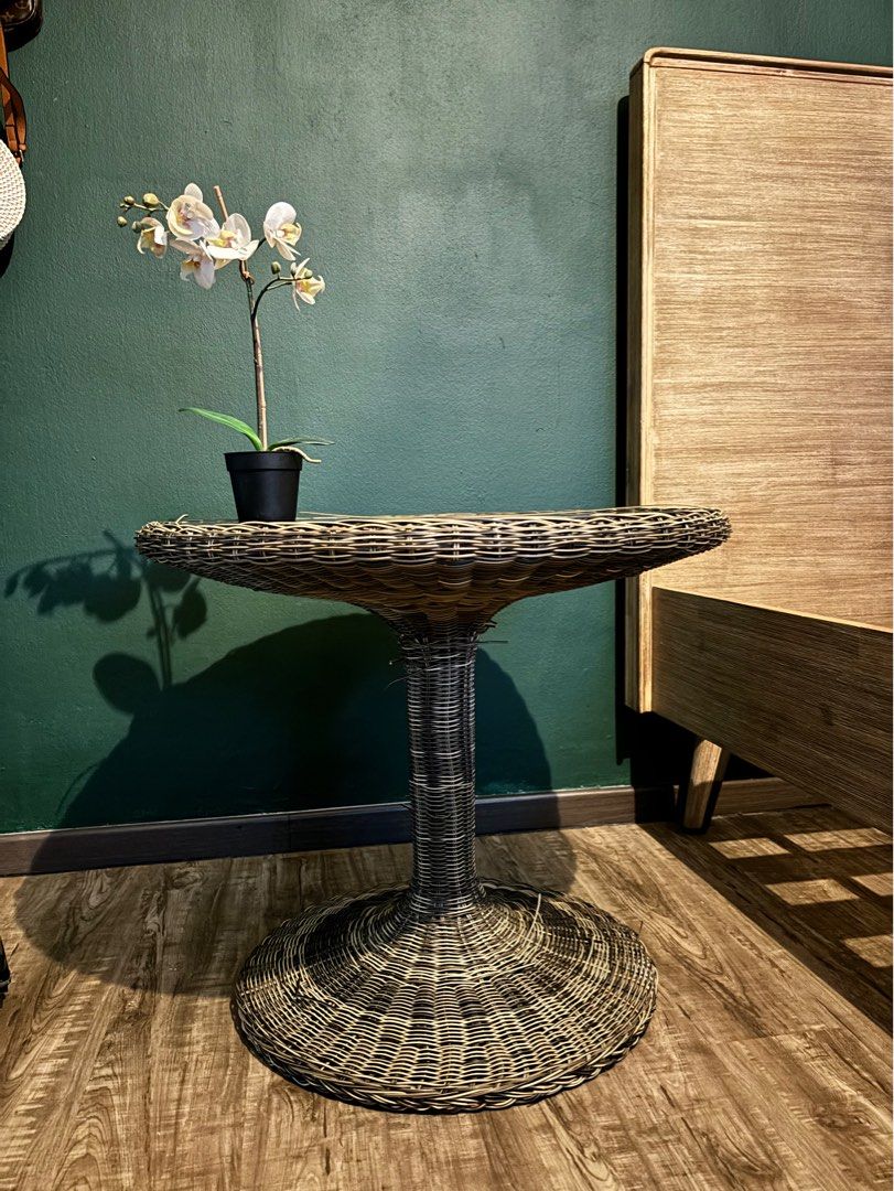 Round side table (Category: Tables & Sets) located in Singapore. Submitted by aniq35 (Listing ID 1298913612, Image 3). Description: SELLING CHEAP! Round side table still in good sturdy condition only some of the rattan coming out as seen in picture..