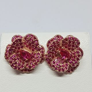 Ruby Big Flower Earrings. 18K RoseGold plated. Sterling Silver 925 Pin.