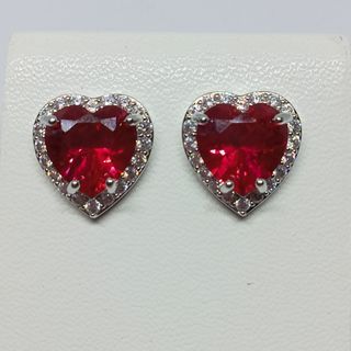 Ruby Big Heart Shape Earrings. Sterling Silver 925 pin.