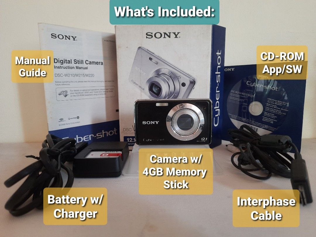 SONY Cyber-shot Digital Still Camera DSC-W210 (Category: Cameras) located in Manila. Submitted by expat_collections (Listing ID 1298837052, Image 3). Description: SONY Cyber-shot DSC W210 is a sturdy compact digital camera featuring a crisp Carl Zeiss Vario-Tessar lens and wide range shoot modes. It also comes with a VIDEO mode and a long battery life that can give you almost 400 shots on one full charge. SPECS: ☆ 12.1 Megapixels ☆ 32mm-128mm f2.