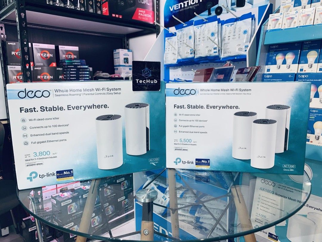 TP-Link Deco M4 AC1200 Whole Home Mesh WiFi System 2PACK/3PACK (Category: Networking) located in Makati City. Submitted by techubstoreandaccessories (Listing ID 1298872385, Image 1). Description: TP-Link Deco M4 AC1200 Whole Home Mesh WiFi System 2PACK - 4,485.00 3PACK - 5,708.00 Ready for Pick-Up / Same Day Delivery Via Lalamove‼️ DETAILS: ✅ Actual Picture Posted. ✅BRAND NEW, SEALED, & ORIGINAL. ✅7 Days Replacement for Factory Defects and 1year 