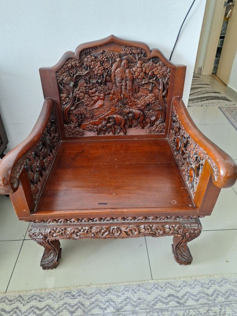 Vintage Hand Carved Vietnamese Teak Chair, Furniture & Home Living