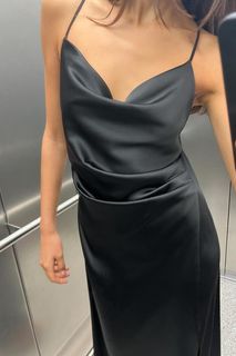 Zara black cowl neck detail satin midi maxi dress