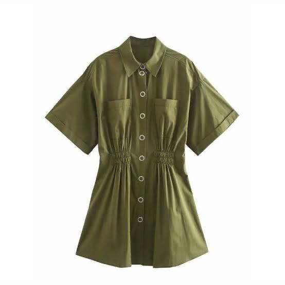 Zara Utility Button Down Olive Green Shirred Waist Mini Shirt Dress,  Women's Fashion, Dresses & Sets, Dresses on Carousell