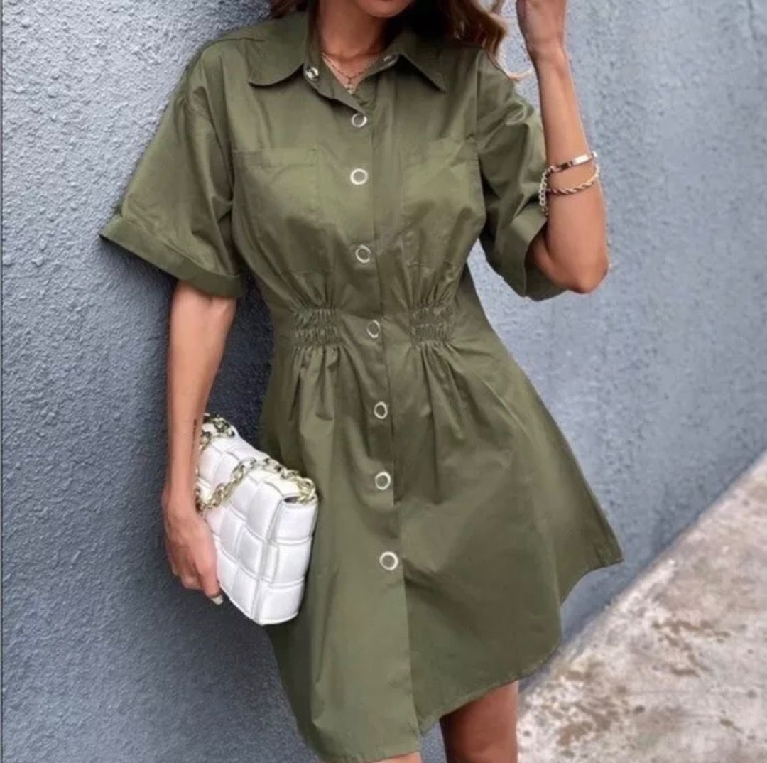Zara Utility Button Down Olive Green Shirred Waist Mini Shirt Dress,  Women's Fashion, Dresses & Sets, Dresses on Carousell