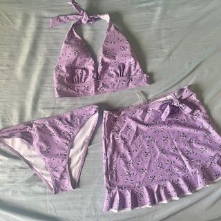 3pack Floral Print Halter Bikini Swimsuit & Beach Skirt