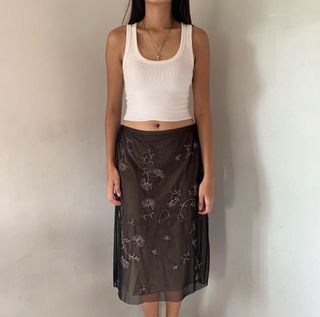 Brown Floral Sequins Mesh Skirt