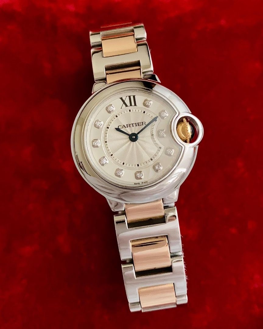CARTIER Ballon Bleu de Cartier Big Diamonds Silver Flinque Lacquer Roman 18K Rose Gold Steel 28mm Luxury Watches on Carousell