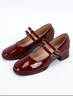 Double Buckle Strap Mary Jane Burgundy Red High Heels Chunky Heel Women Shoes