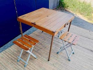 Logos Outdoor Table & Chairs 29”L x 28”W x 24”H (table) 11”L x 10”W x 15”H (stool  Solid wood In good condition