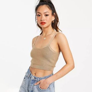 MANGO Knitted Cropped Tank Top in Brown