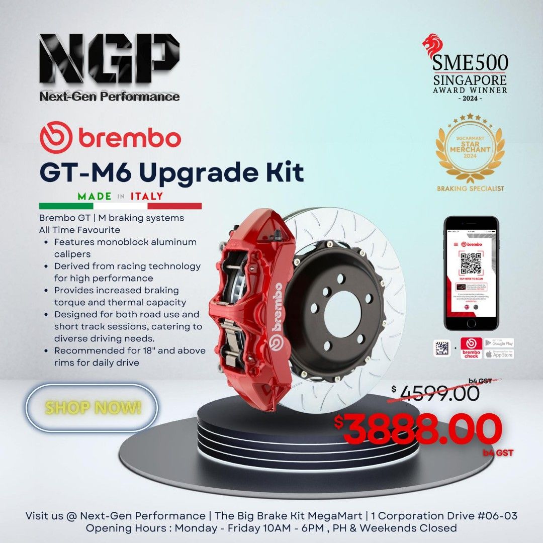 Original Brembo F50 GTM6 , GTS6 , GT6 , GTM4 , GTS4 , GT4 , 6 Pot Big Brake Kit , AMG, M3, M5, RS4, RS5, RS7, Lexus, G20, G30,F10, BMW, Audi, Mercedes, Honda, Toyota, Mazda, Mini, Mitsubishi, Volkswagen BBK (Category: Accessories) located in Singapore. Submitted by next-genperformance (Listing ID 1114608796, Image 2). Description: Special Launch Price ! Brembo GT6 Series for sale GTS / PISTA available as well upon enquiry Our brake package comes 