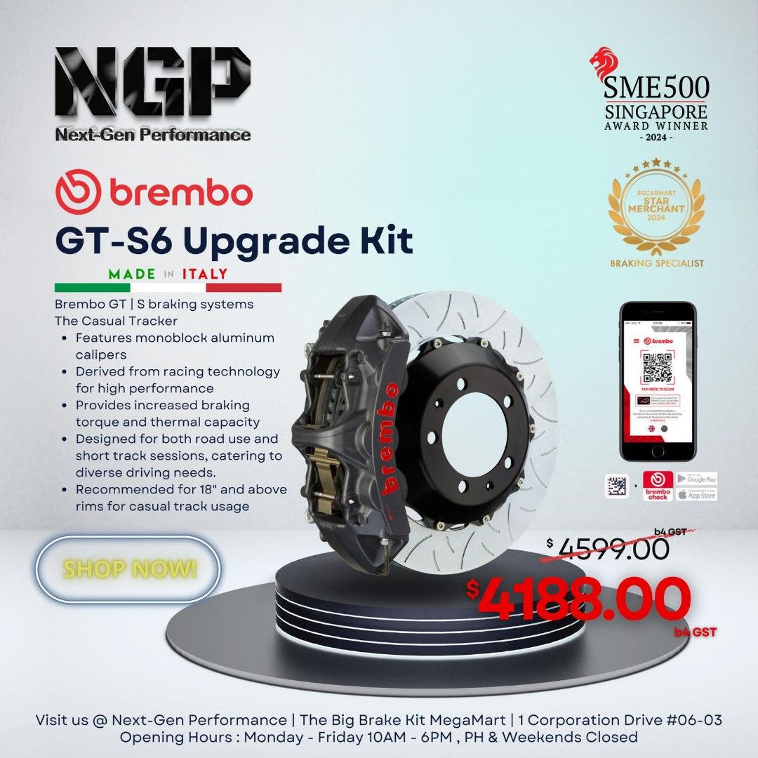 Original Brembo F50 GTM6 , GTS6 , GT6 , GTM4 , GTS4 , GT4 , 6 Pot Big Brake Kit , AMG, M3, M5, RS4, RS5, RS7, Lexus, G20, G30,F10, BMW, Audi, Mercedes, Honda, Toyota, Mazda, Mini, Mitsubishi, Volkswagen BBK (Category: Accessories) located in Singapore. Submitted by next-genperformance (Listing ID 1114608796, Image 3). Description: Special Launch Price ! Brembo GT6 Series for sale GTS / PISTA available as well upon enquiry Our brake package comes 