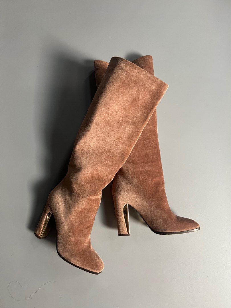 75 OFF Salvatore Ferragamo Knee High Soft Velvet Gold Heel Boots Women s Fashion Footwear Boots on Carousell