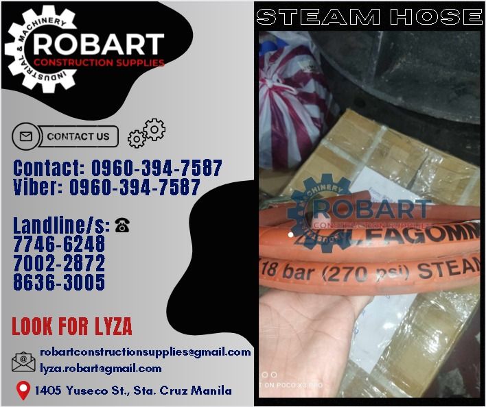 Steam Hose (Category: Construction Tools & Equipment) located in Manila. Submitted by lyzarobart1999 (Listing ID 1298992715, Image 1). Description: Steam Hose Size: 1/2" Application: Can be use for 90°C Hot Water Color: Red Brand: Alfagomma 𝐒𝐄𝐍𝐃 𝐔𝐒 𝐌𝐄𝐒𝐒𝐀𝐆𝐄 𝐅𝐎𝐑 𝐈𝐍𝐐𝐔𝐈𝐑𝐈𝐄𝐒 ‼️ 0 9 6 7 3 8 1 8 2 2 7 0 9 6 0 3 9 4 7 5 8 7 𝐋𝐚𝐧𝐝𝐥𝐢𝐧𝐞 𝐍𝐮𝐦𝐛𝐞𝐫𝐬: 𝟕 𝟕 𝟒 𝟔 - 𝟔 𝟐 𝟒 𝟖 / 𝟕 𝟎 𝟎 𝟐 - 𝟐 𝟖 𝟕 𝟐 / 𝟖 𝟔 𝟑 𝟔 - 𝟑 �
