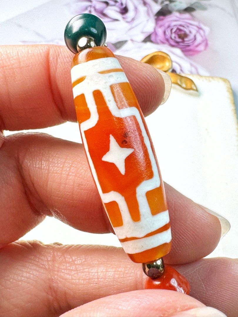 Tibetan Dzi Beads Cross Star Dzi Beads 藏传红玉髓十字星辰天珠 40.1x12.6mm