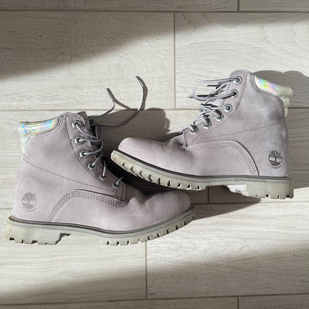 Timberland Light Grey Gray Boots with Holographic Iridescent Back Silver Waterproof Women s Fashion Footwear Boots on Carousell