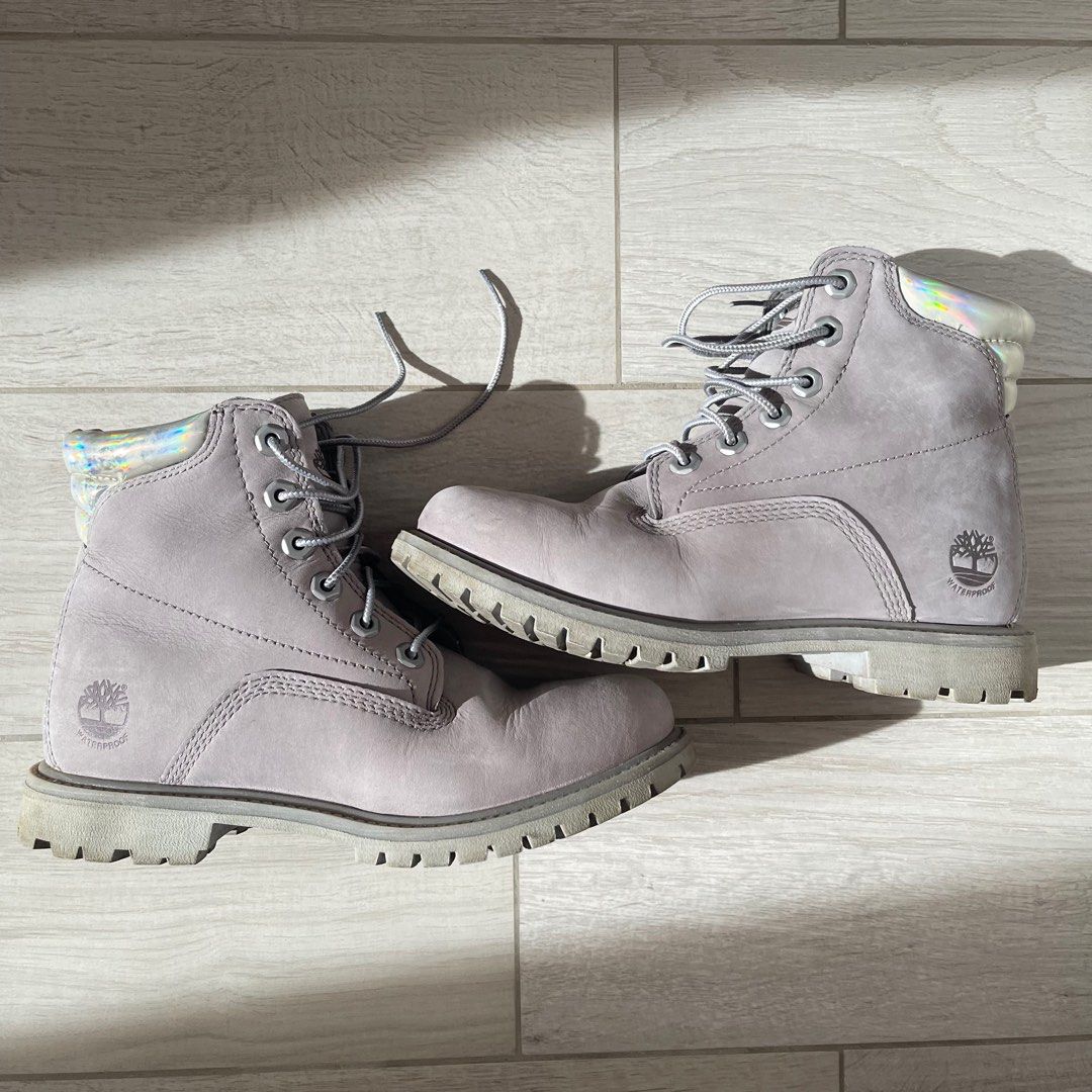 Timberland Light Grey Gray Boots with Holographic Iridescent Back Silver Waterproof Women s Fashion Footwear Boots on Carousell