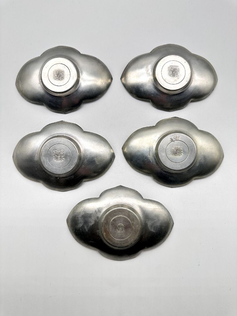 中国 古錫 洸存周款 木瓜式 茶托 五客 合計約186g V