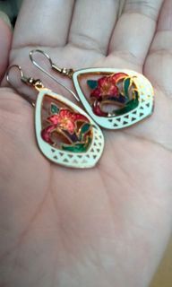 Vintage 1970s Brass Cloisonne Enamel Iridescent Red Iris Lily Flower Earrings