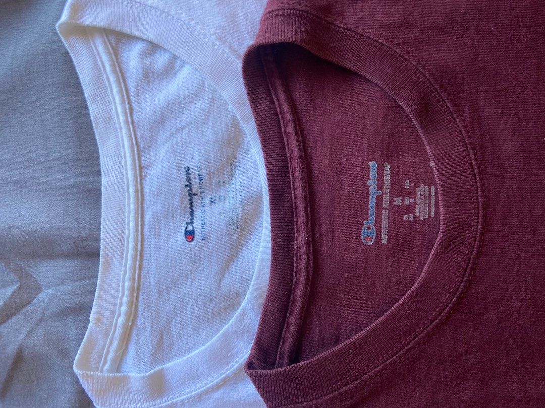 ASPACK!! Authentic Plain Champion Tees (Category: Tshirts & Polo Shirts ) located in Quezon City. Submitted by geebui (Listing ID 1296271363, Image 1). Description: 2pcs Plain Champion Shirts Both Authentic Dimensions: M and XL on tag 20x28 23x30 Condition: Both 9.5/10 (As New both) Sobrang puti pa nung white. No issue both. RFS: Declutter 400 each if split.