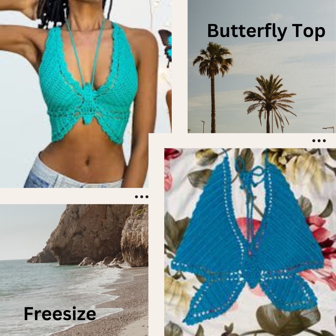 Crochet Butterfly Top (Category: Others Tops) located in Davao. Submitted by purple_stitch87 (Listing ID 1296250685, Image 2). Description: Introducing the enchanting Crochet Blue Butterfly Halter Top, an exquisite addition to your summer wardrobe, destined to elevate your OOTD (Outfit of the Day) game with its delicate charm and vibrant hue. Handcrafted with meticulous attention to detail, this halter top features a mesmerizing butterfly motif t