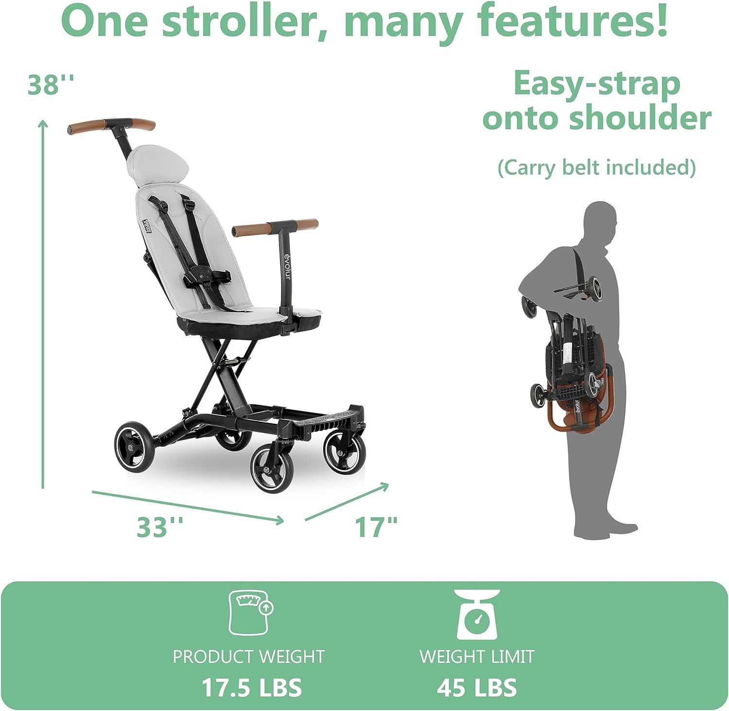 Evolur Cruise Rider Stroller with Canopy Lightweight Umbrella Stroller with Compact Fold Easy to Carry Travel Stroller Koala Gray Koala Gray