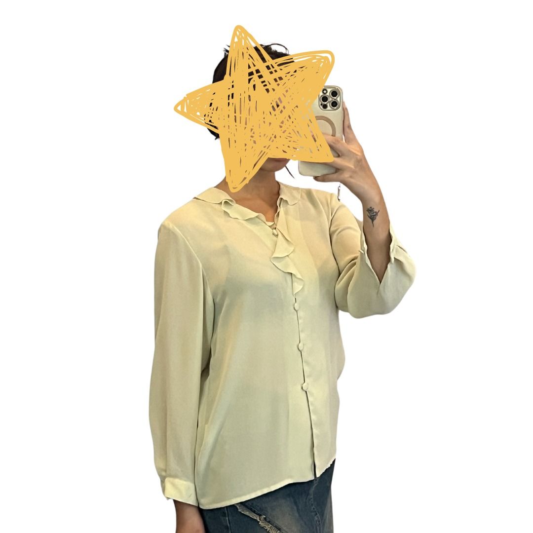 ruffled sheer longsleeve blouse (Category: Blouses) located in Las Pinas. Submitted by ctrldianne (Listing ID 1296267857, Image 2). Description: measurements laid flat (inches) - length 24.5 - waist 19 - shoulders 17 - sleeve length 21 - cuff 4 used this multiple times yup yup! makeup stain on cuff (see 3rd pic) sheer so wear a cami under or not mehehe.