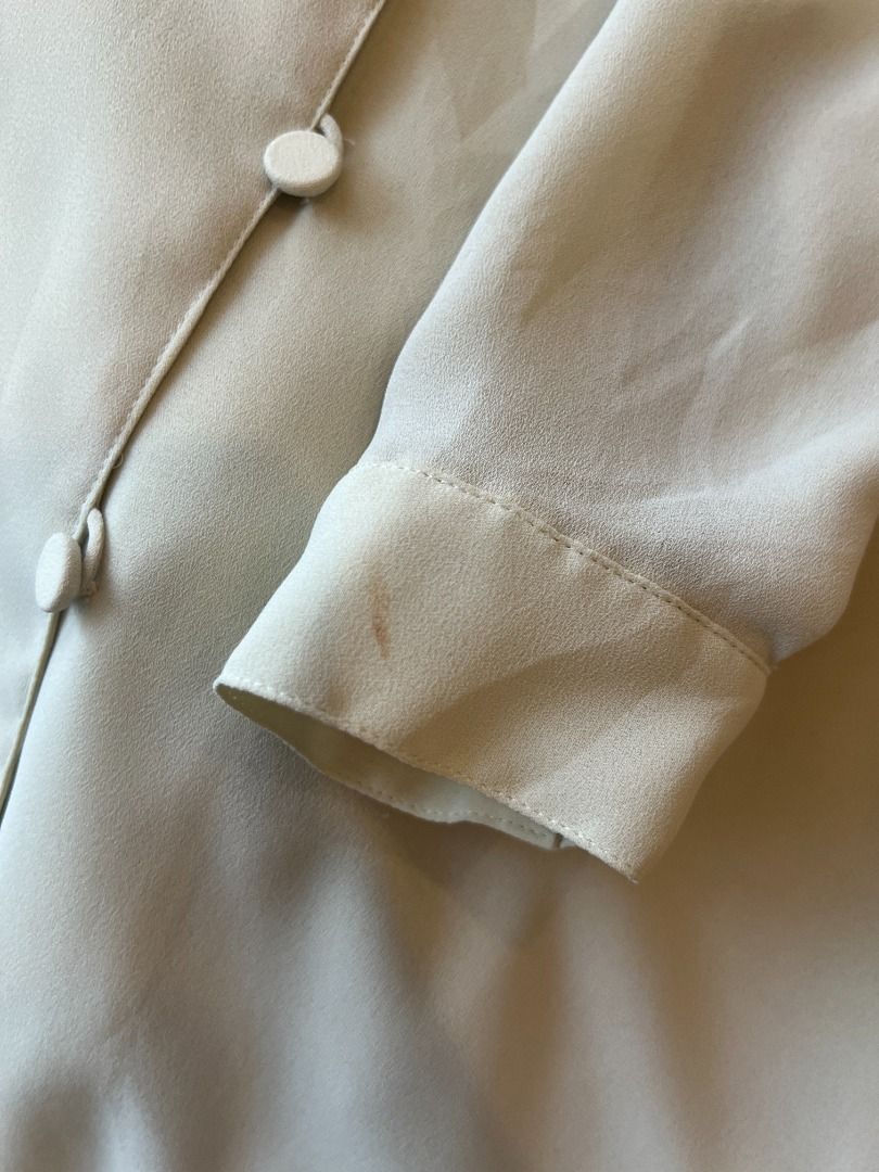 ruffled sheer longsleeve blouse (Category: Blouses) located in Las Pinas. Submitted by ctrldianne (Listing ID 1296267857, Image 3). Description: measurements laid flat (inches) - length 24.5 - waist 19 - shoulders 17 - sleeve length 21 - cuff 4 used this multiple times yup yup! makeup stain on cuff (see 3rd pic) sheer so wear a cami under or not mehehe.