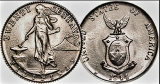 #Silver Coins #20 Centavos, 4 grams each, 1944 1945 Commonwealth