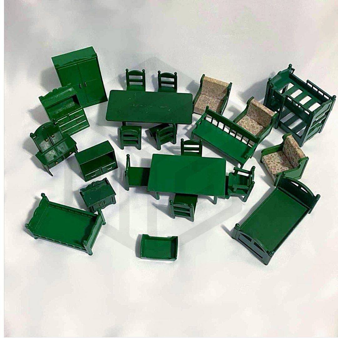 Sylvanian Families green furnitures (Category: Kids Toys) located in Manila. Submitted by 3gfcollectionbox (Listing ID 1296336361, Image 1). Description: Preloved SF green furnitures A. Sofa Set = ₱400 B.Dining 1= ₱ 400 C. Dining 2= ₱400 D. Bench = ₱400 E.Double Deck Bed = ₱ 250 F. Baby Bed = ₱150 G. Bed = ₱ 150 H. Cradle = 150 I . Drawer = ₱350 J.Wardrobe = ₱450 K.Vanity Dresser = ₱450 L.Bookshelf = ₱200 M. Mini Cabinet = ₱250 .