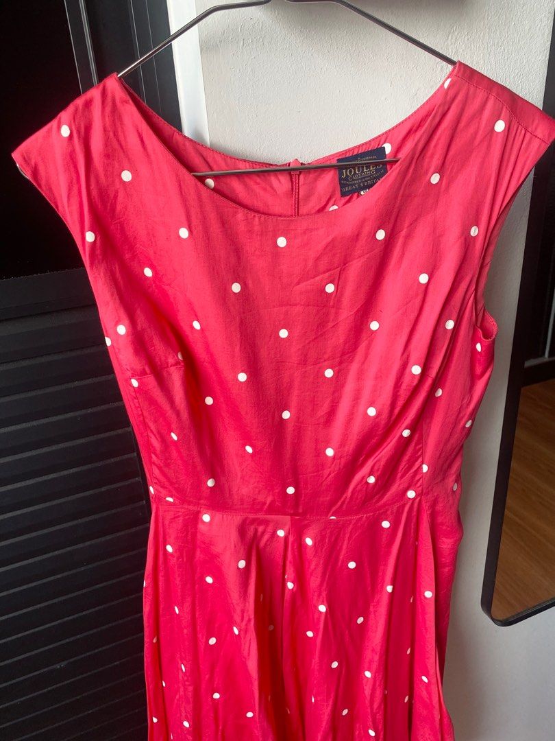 UK8 S JOULES Amelie dress 50s cotton rockabilly A line fit and flare pink red polka