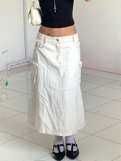 y2k streetwear white cargo long maxi skirt