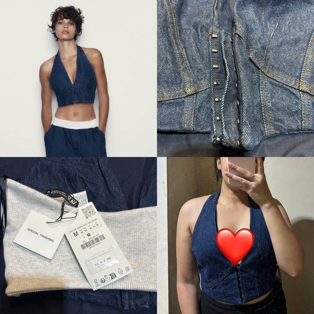 Zara Denim Halter Top (Category: Sleeveless) located in Los Banos. Submitted by ch.any (Listing ID 1296338964, Image 1). Description: 🌸 Bought from Japan for 5k yen, authentic 🌸 RFS: too big and long for me 🌸 Size on tag: M 🌸 Thick stretchy fabric, stretchy ribbed po tela sa likod.