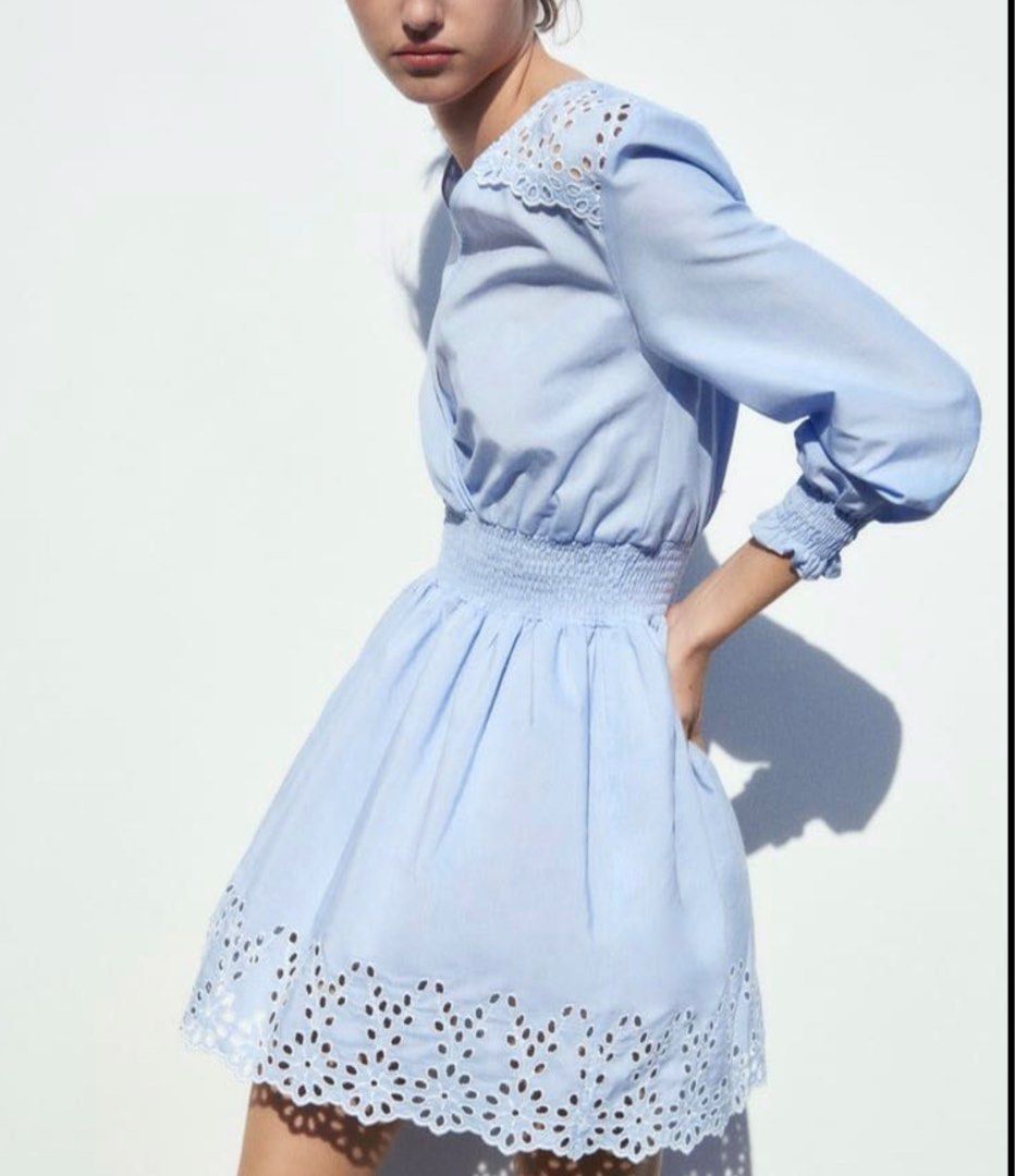 SALE zara eyelet cotton dress - ZARA sky blue summer dress - eyelet hem  mini dress with elastic waistband Size US medium made in Turkey, Women's  Fashion, Dresses & Sets, Dresses on Carousell